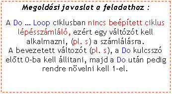 Szvegdoboz: Megoldsi javaslat a feladathoz :A Do  Loop ciklusban nincs beptett ciklus lpsszmll, ezrt egy vltzt kell alkalmazni, (pl. s) a szmllsra. A bevezetett vltozt (pl. s), a Do kulcssz eltt 0-ba kell llitani, majd a Do utn pedig rendre nvelni kell 1-el.
